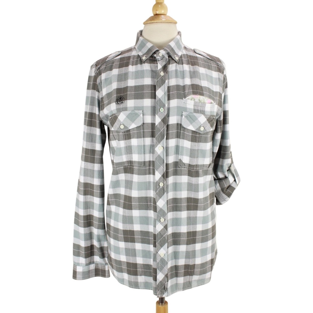 Diesel Plaid Flannel Shirt Small Gray Cotton Long‎ roll tab sleeve Button Up